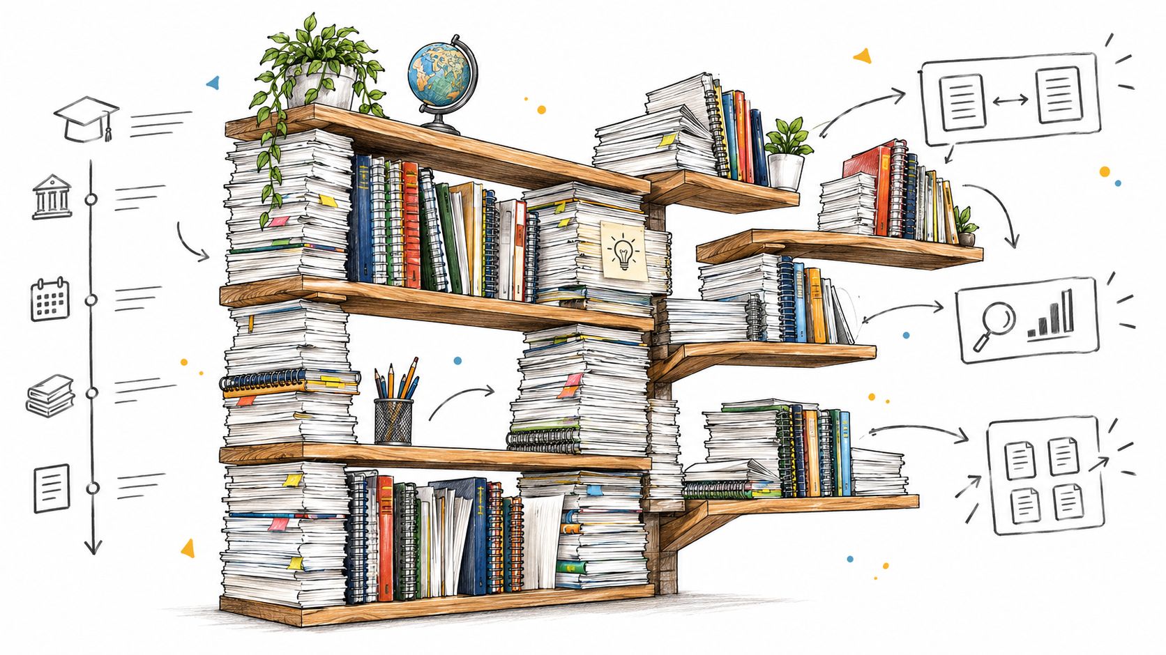 A hand-drawn illustration depicting a organized wooden bookshelf filled with stacked documents and research books.
