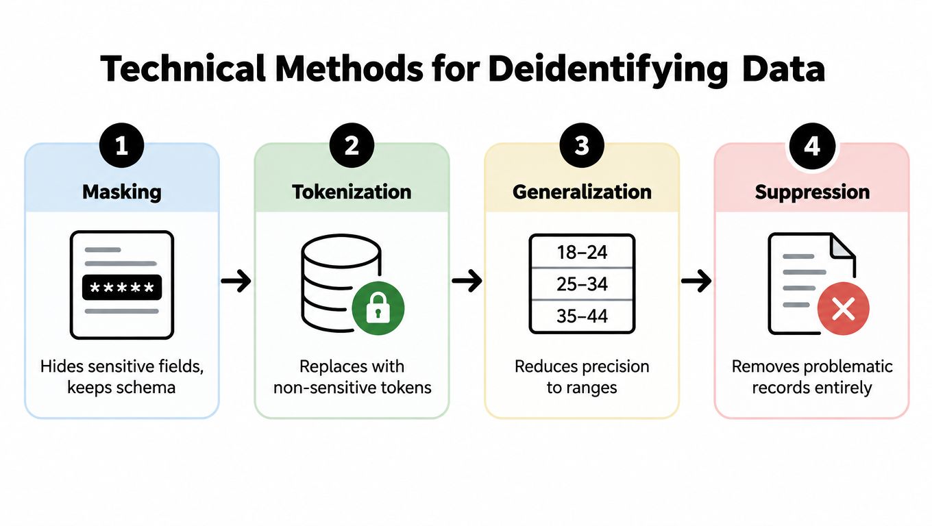 A diagram illustrating four technical methods for deidentifying data: Masking, Tokenization, Generalization, and Suppression.