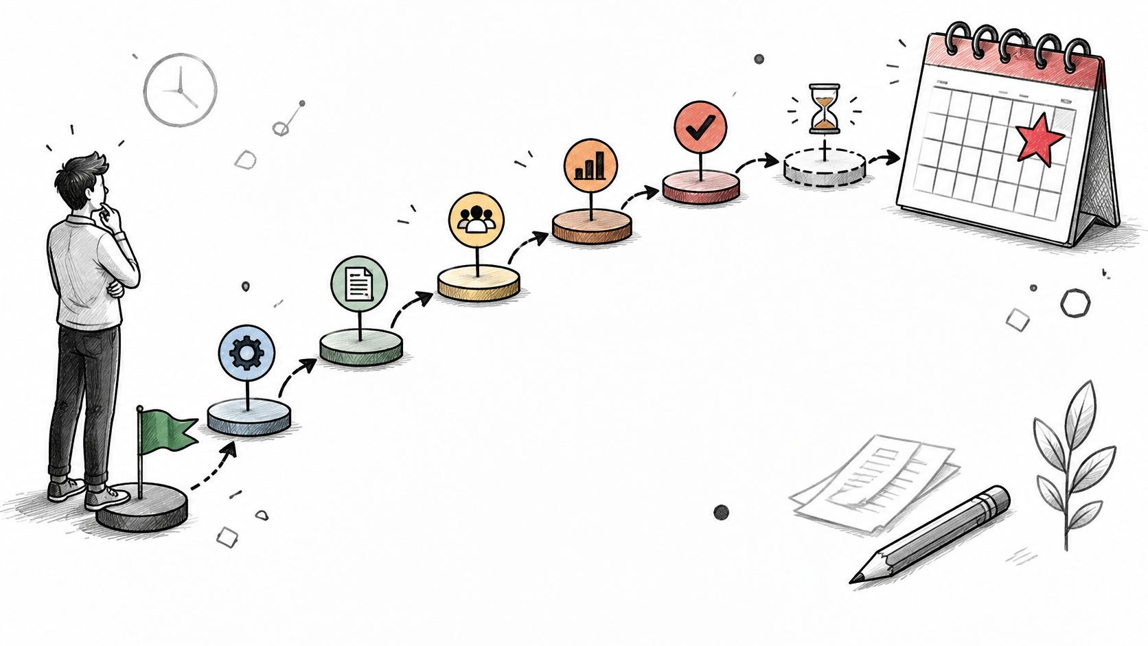 A sketched illustration of a man observing a roadmap depicting various project development stages leading to a calendar deadline.