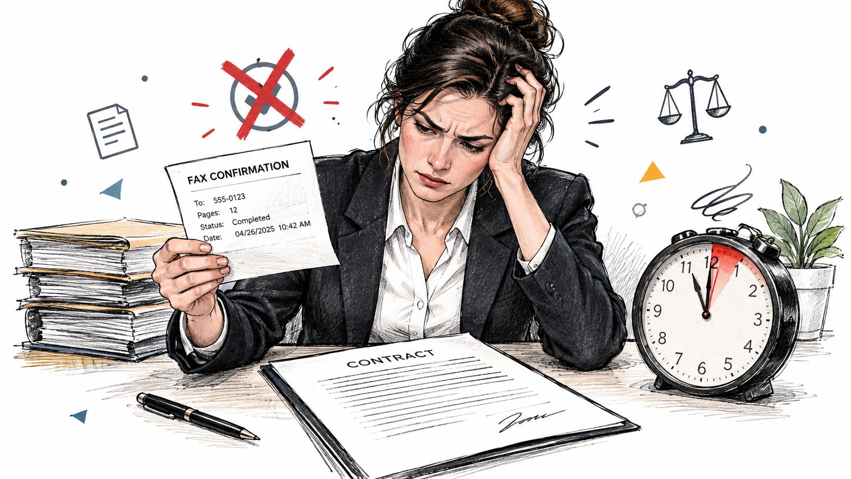 A stressed woman looks at a fax confirmation paper while sitting at a desk with a contract.