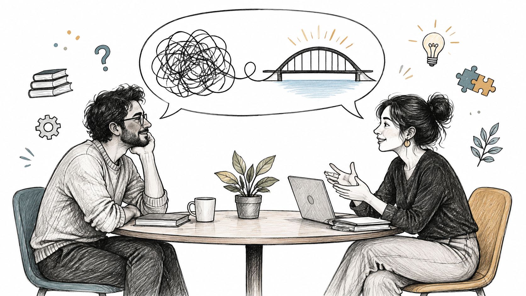 A man and woman sitting at a table discussing complex ideas represented by a bridge illustration.