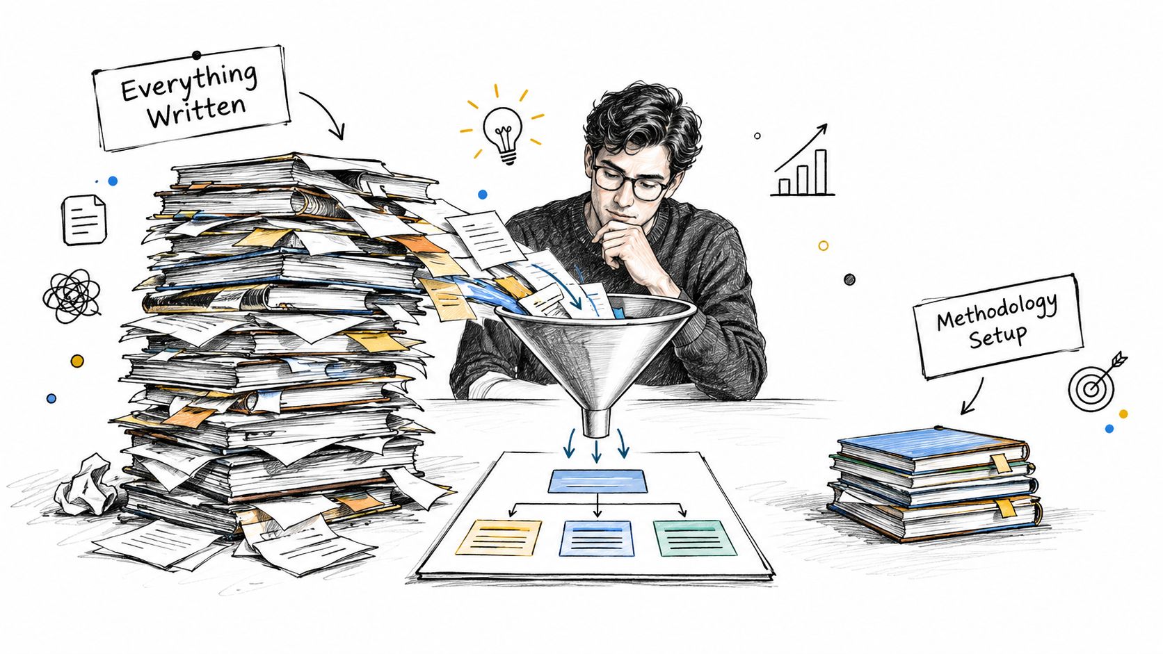 A person analyzing a large pile of documents and funneling information into a structured research proposal format.