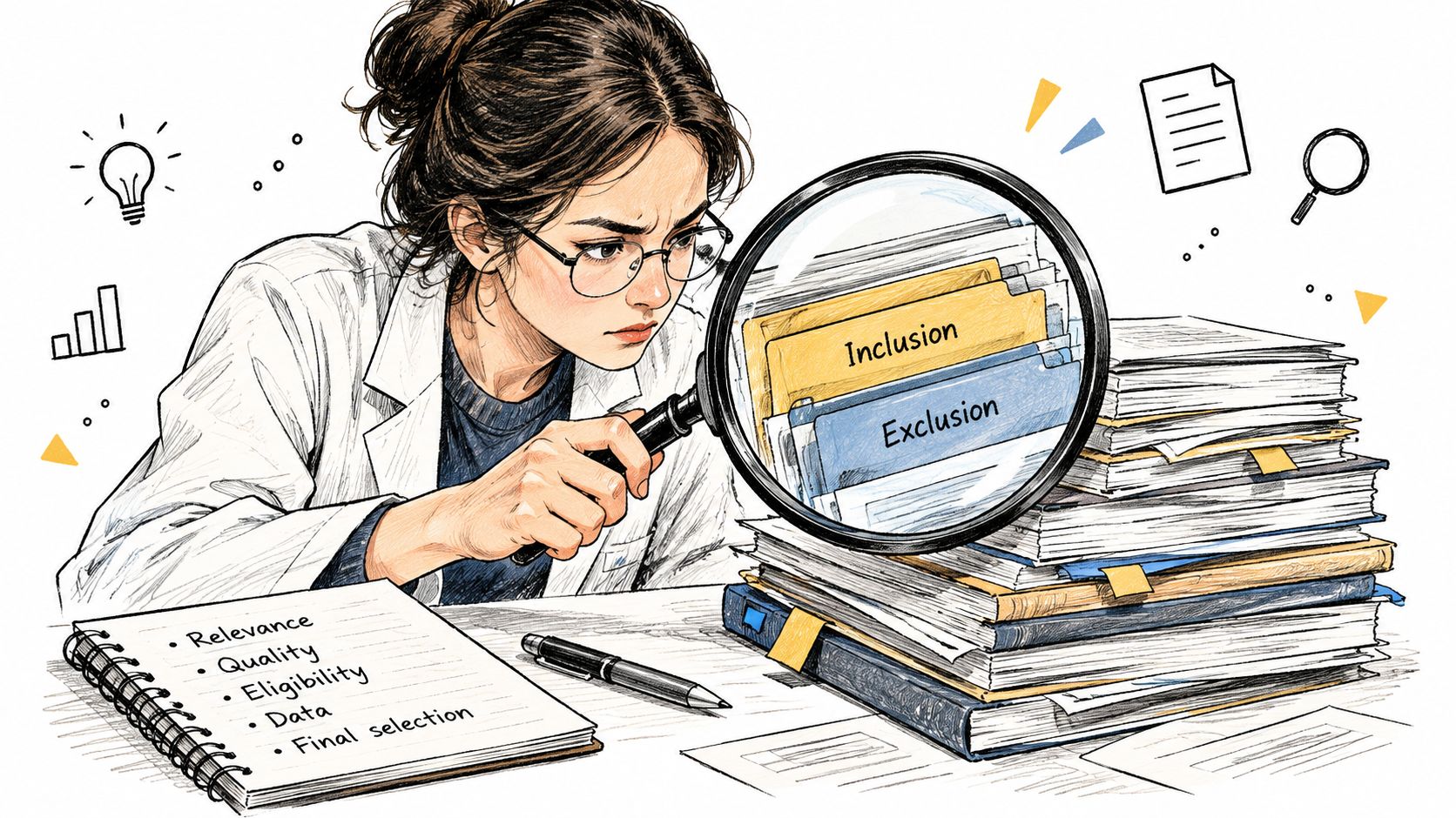 A focused researcher examines a large stack of documents through a magnifying glass to perform a literature review.