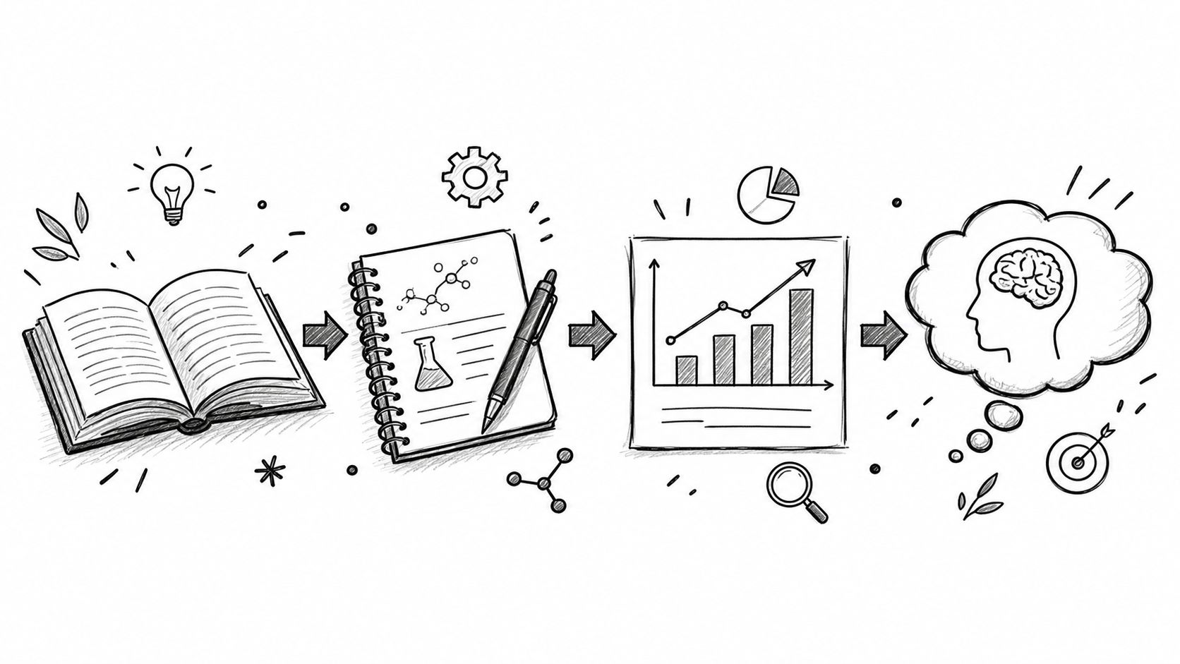 A hand-drawn illustration showing a learning process from reading, note-taking, analyzing data, to gaining knowledge.