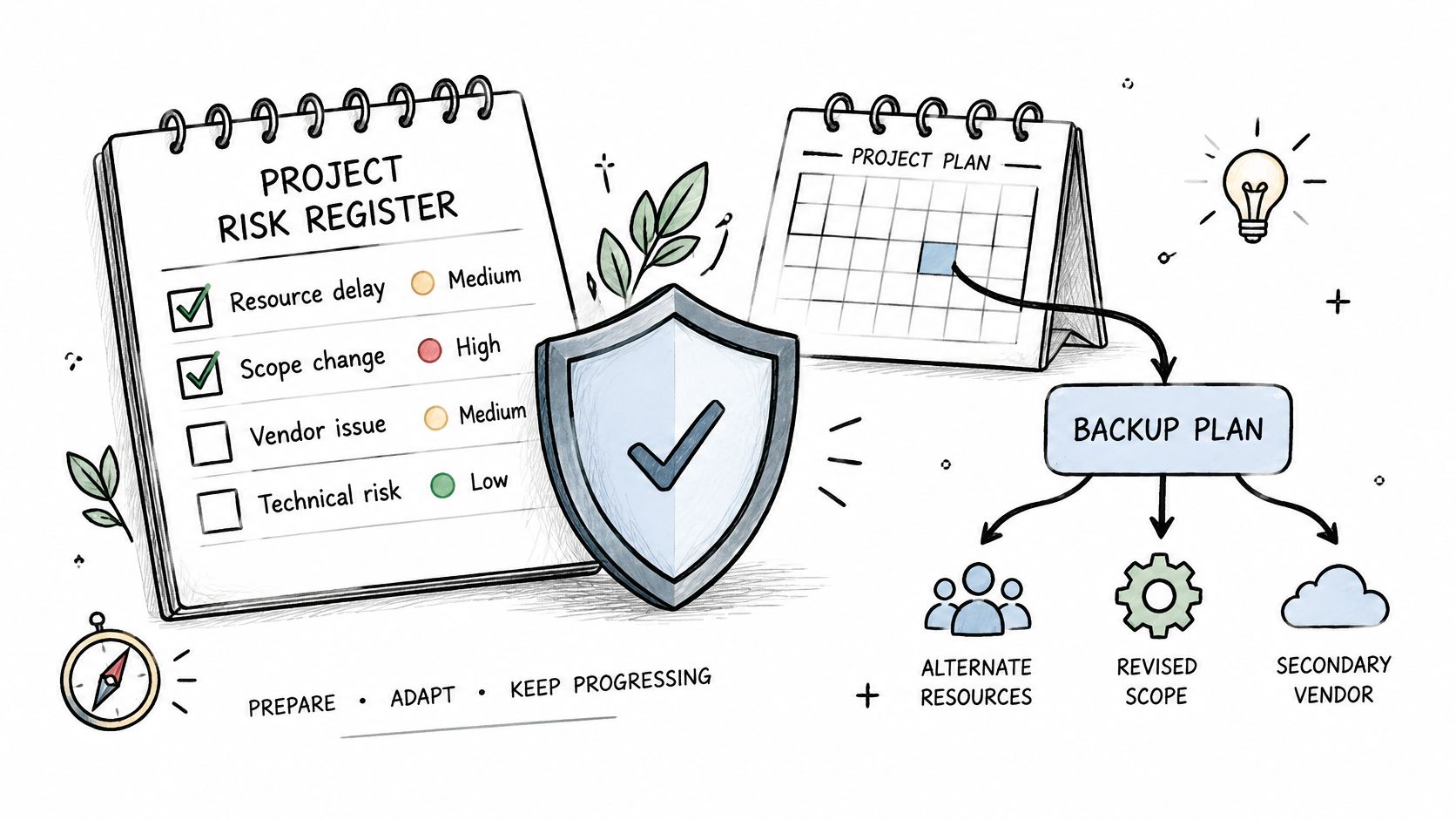 A hand-drawn illustration showing a project risk register, a schedule, and a backup plan strategy.