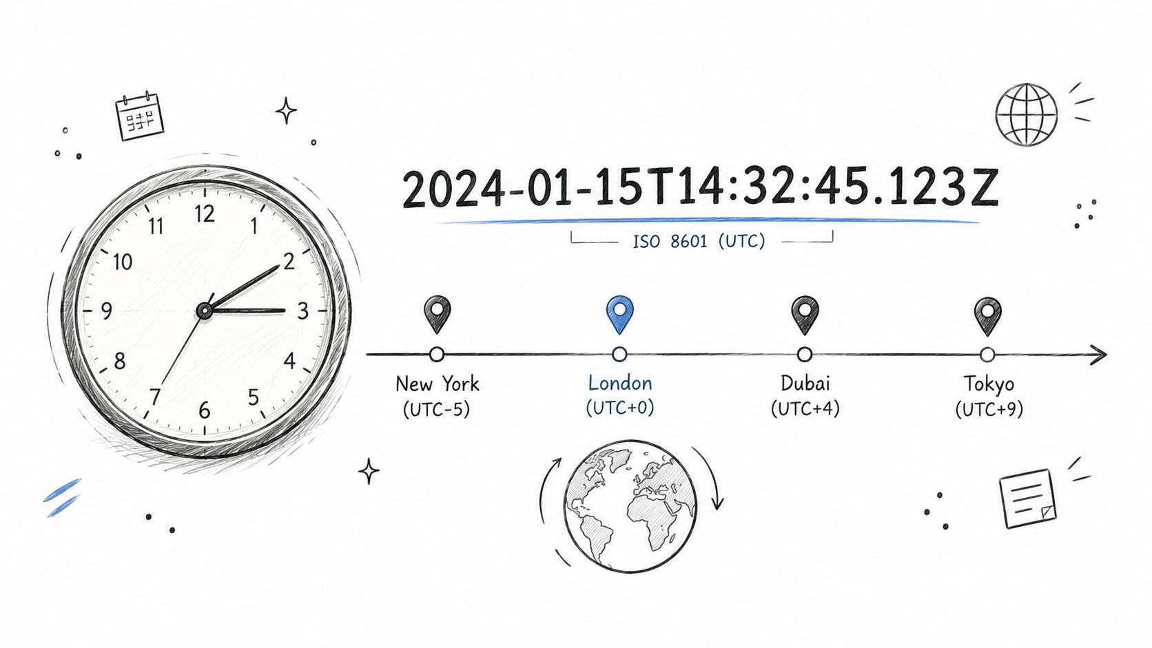 A hand-drawn infographic depicting time zones with a clock and a timeline for different global cities.