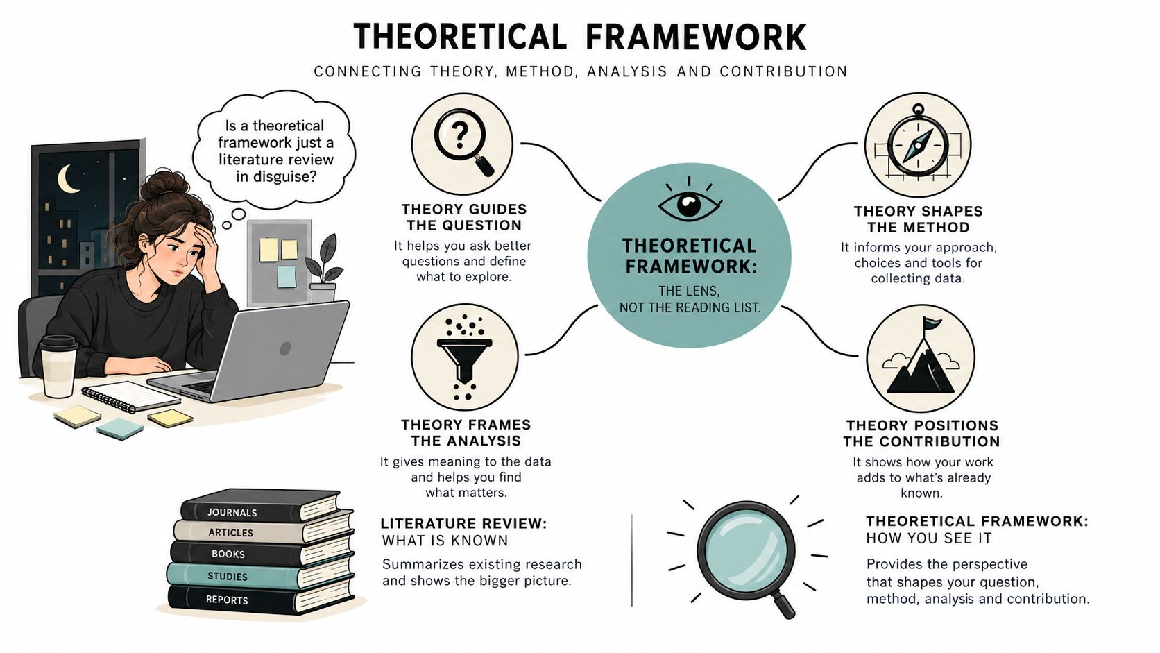 An infographic explaining the role of a theoretical framework in research, contrasting it with a literature review.