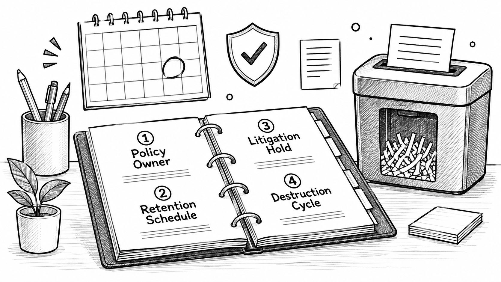 A hand-drawn illustration showing a document retention policy process including a calendar, binder, and paper shredder.