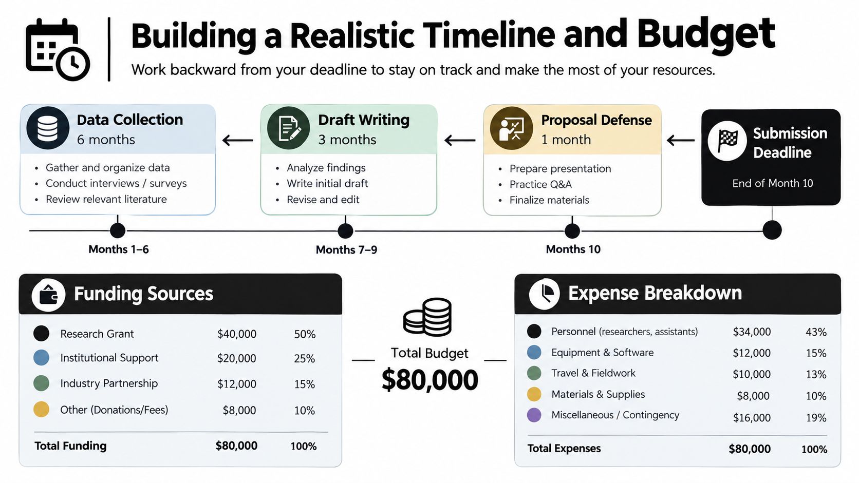 An infographic detailing a project timeline, funding sources, and an expense breakdown for research proposals.