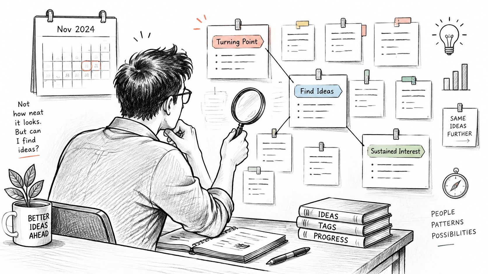 A person sitting at a desk with a magnifying glass examining ideas on a wall of notes.