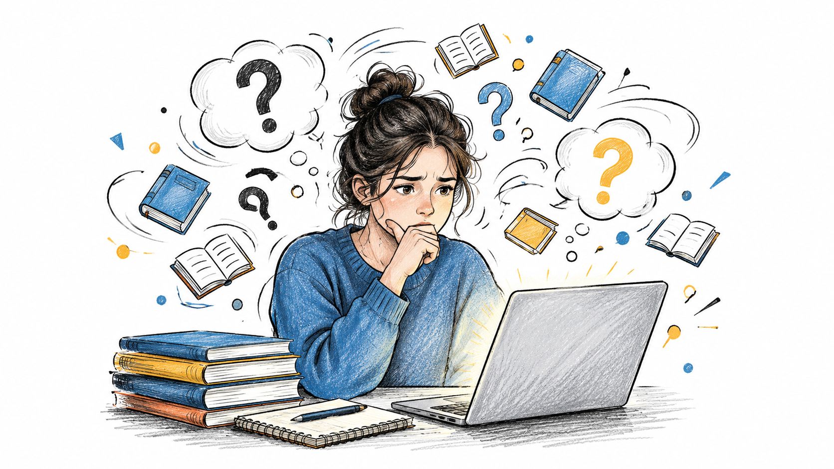 A student looking confused at a laptop surrounded by floating books and question marks during research.