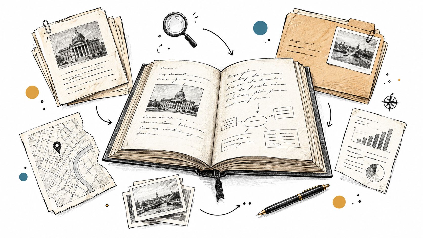 A sketchbook showing an open book surrounded by historical documents, photographs, a map, and a pen.