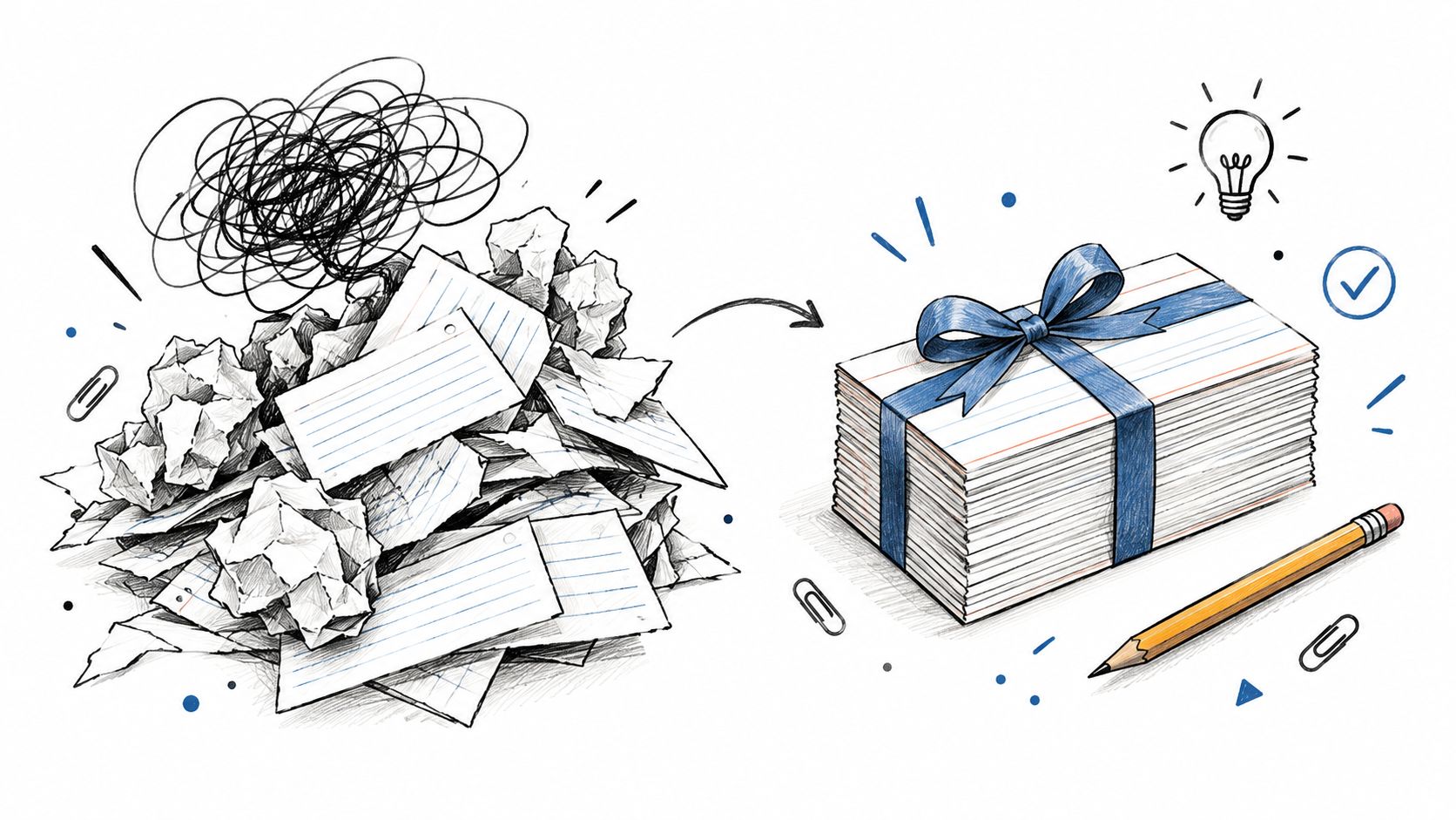 A conceptual illustration showing a chaotic pile of paper notes transforming into an organized stack tied with a bow.