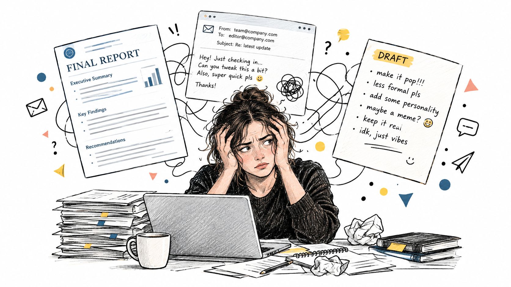 A stressed woman working at her desk overwhelmed by conflicting feedback and heavy workloads on her laptop.
