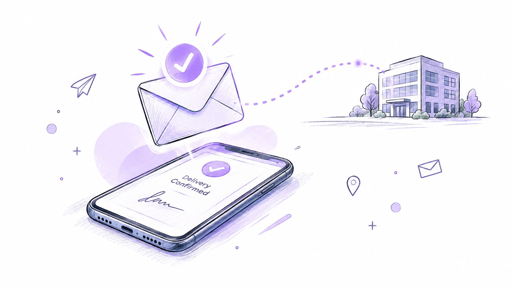 A digital illustration showing a mobile phone displaying a signed delivery confirmation next to an envelope icon.