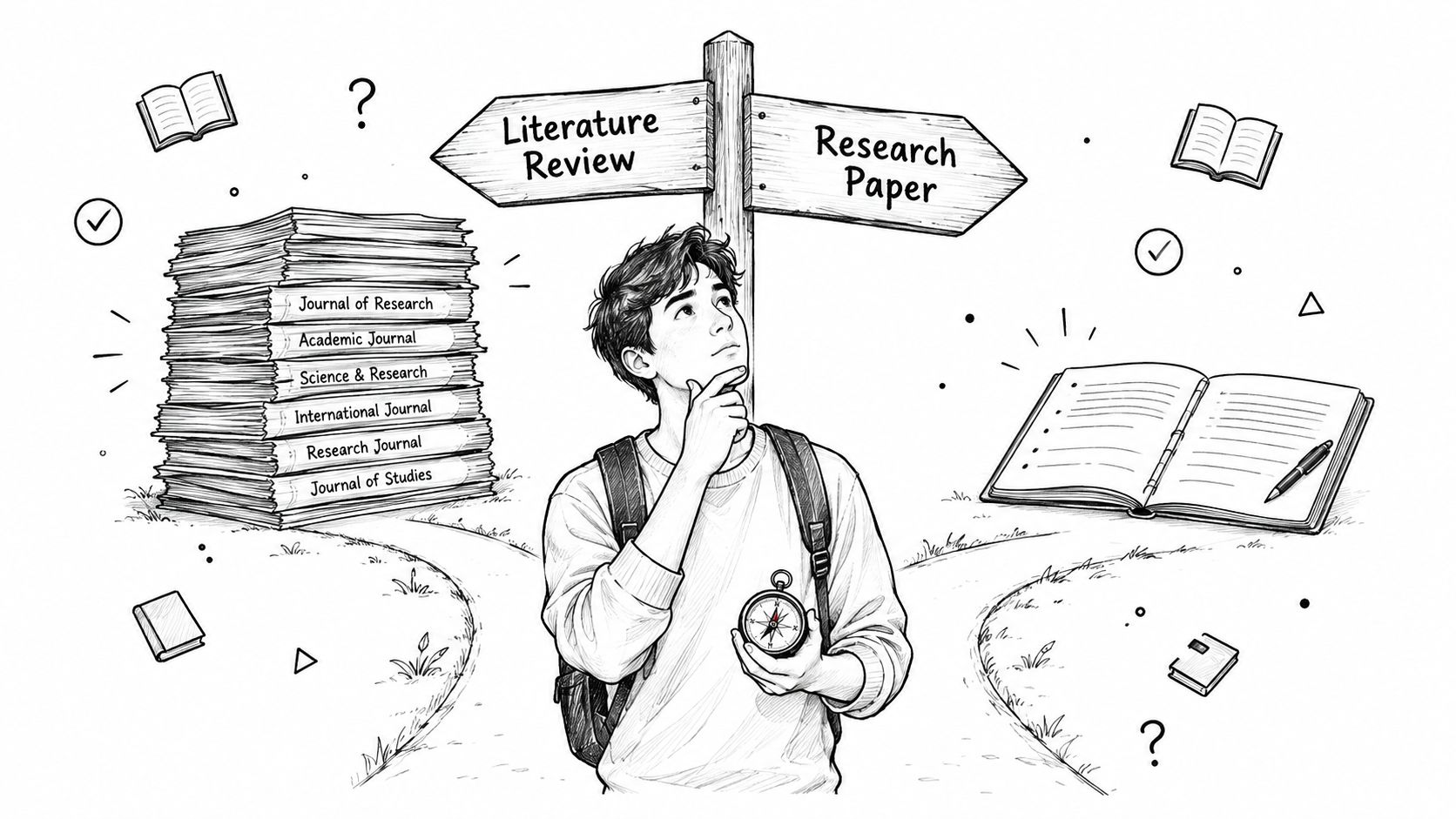A student standing at a crossroad choosing between writing a literature review or a research paper.