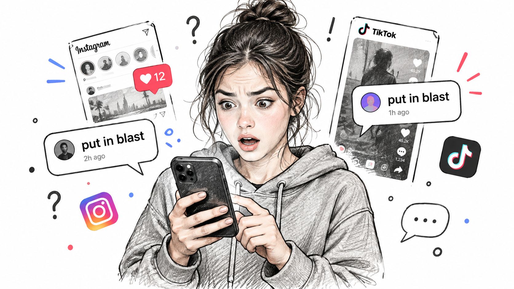 A shocked young woman looking at her phone surrounded by social media notification bubbles with negative comments.