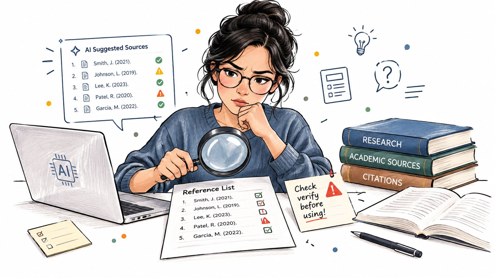 A student using a magnifying glass to verify AI-generated academic sources and a reference list.