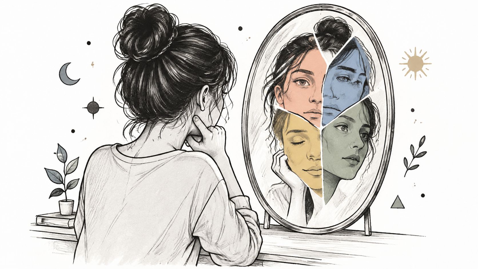 A woman looks into a mirror reflecting her face as different fragmented, multicolored emotional personas.