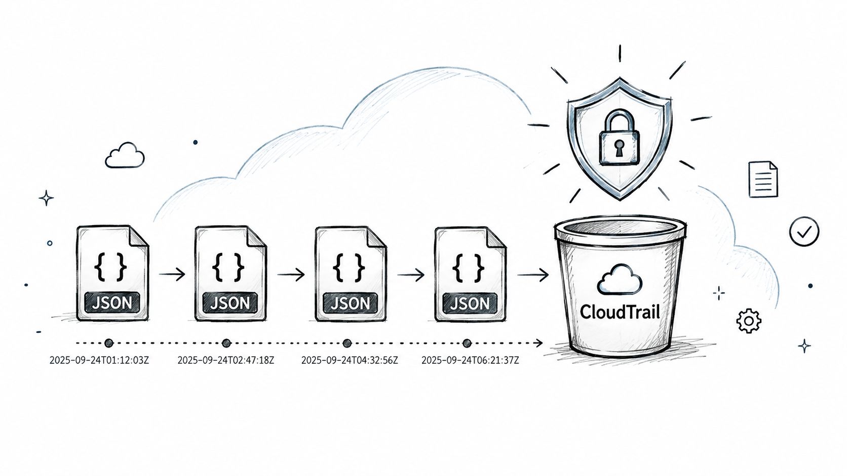 A hand-drawn diagram illustrating a sequential flow of JSON log files being uploaded to a secure CloudTrail bucket.