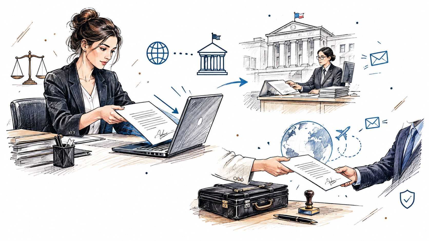 A professional illustration showing international online faxing, digital document transmission, and global business legal contract signing.