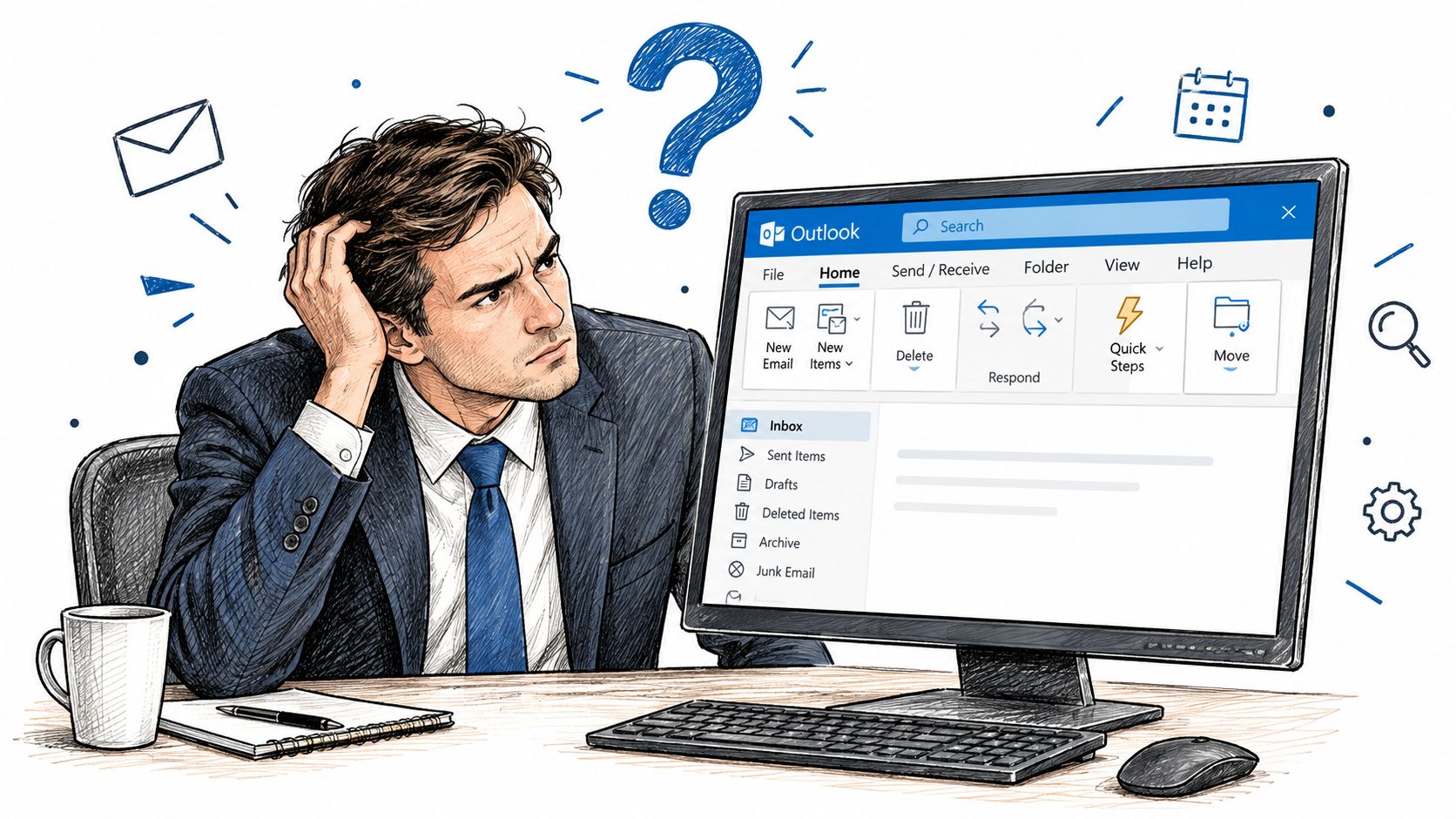 A confused professional sitting at his desk looking at an Outlook email interface on a computer screen.