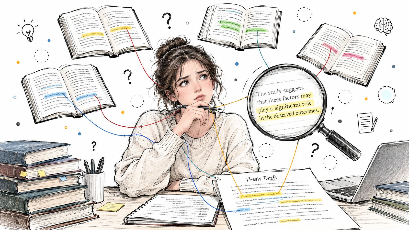 A student carefully analyzing study materials and books while drafting a thesis to avoid plagiarism.
