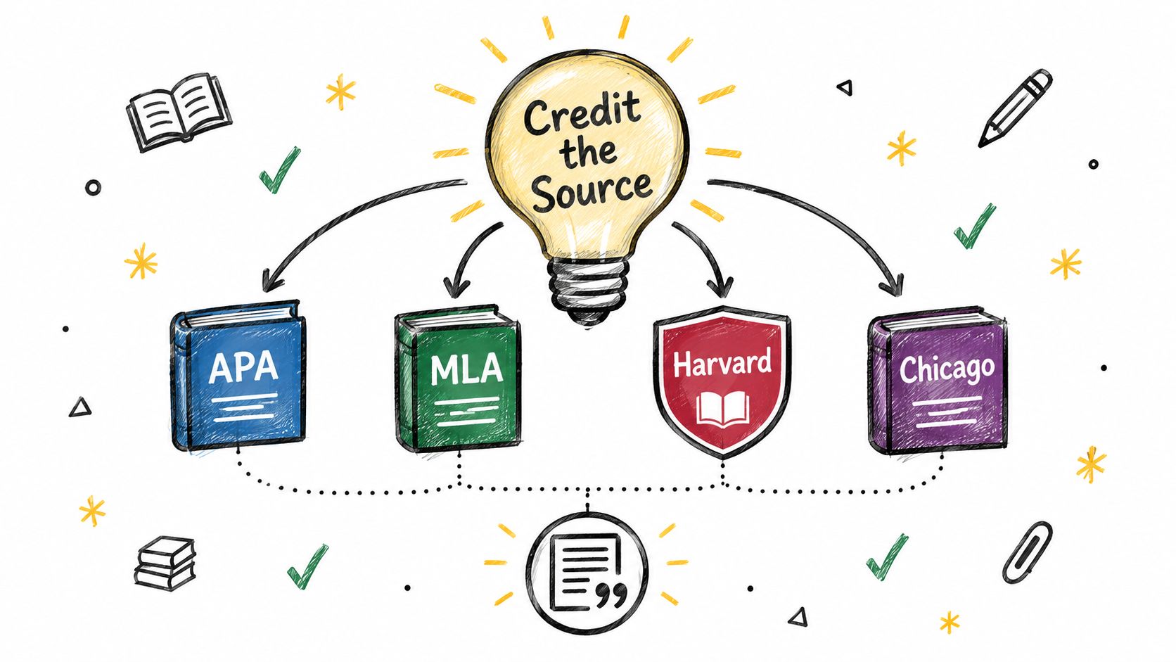 A diagram illustrating referencing styles including APA, MLA, Harvard, and Chicago for avoiding plagiarism in research.
