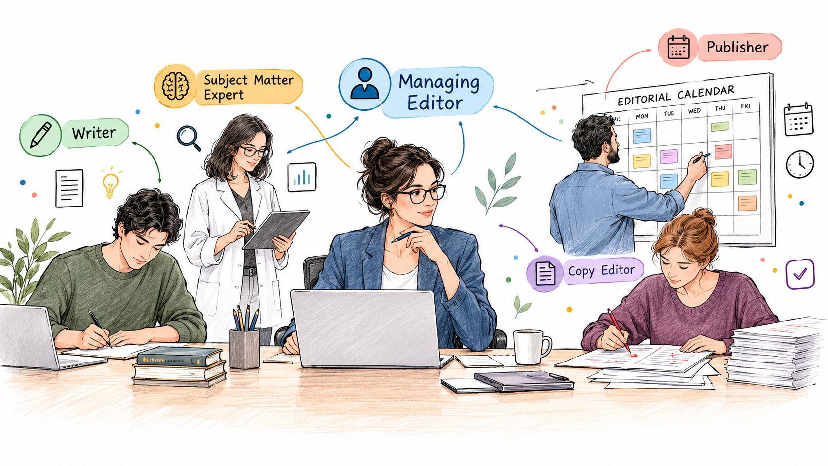 A diverse team of professionals collaborating in an office environment to manage a content publishing workflow process.
