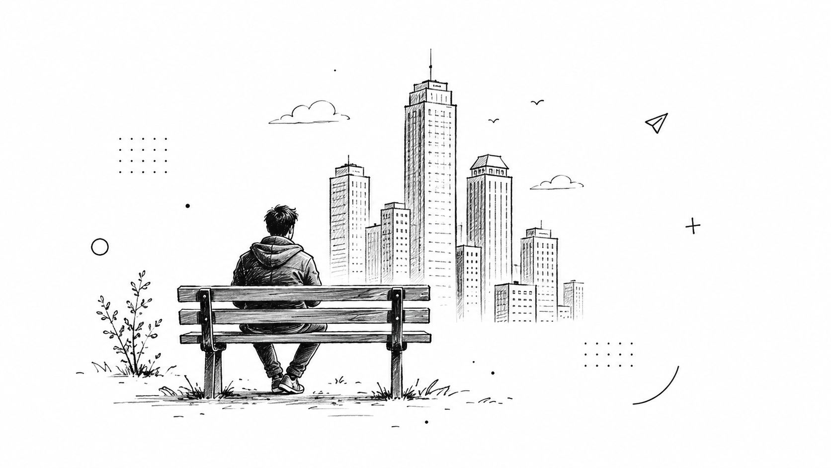 A pencil sketch of a person sitting on a bench looking at a modern city skyline.
