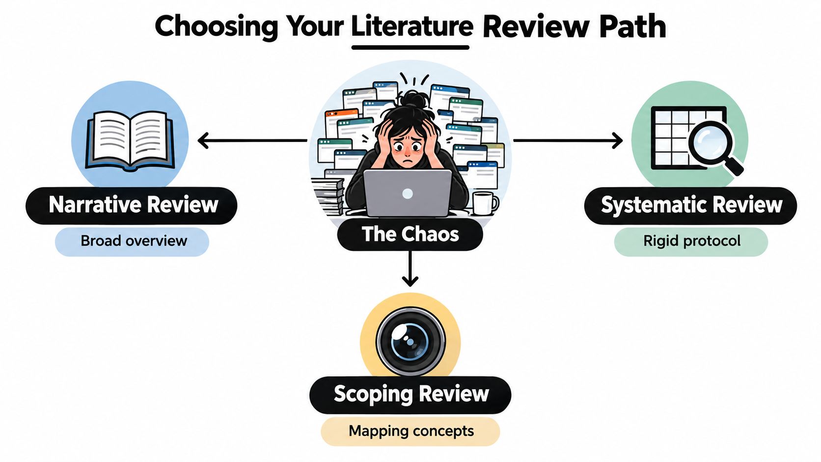 An infographic illustrating three different literature review paths for researchers emerging from a state of chaos.