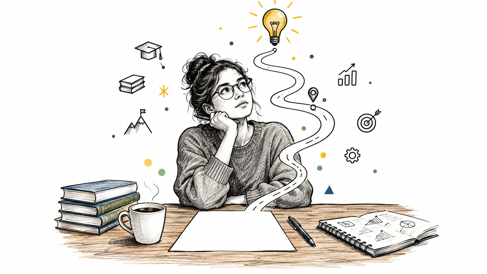 A student thoughtfully sitting at a desk with books, a cup of coffee, and an illustration of a path leading to a bright lightbulb idea.