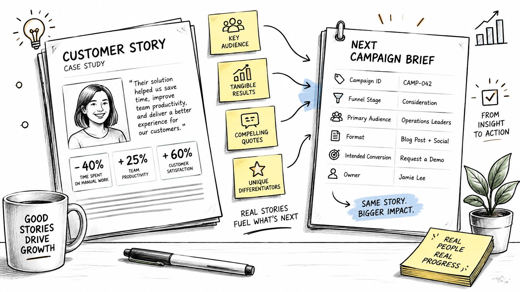 A hand-drawn illustration showing a content marketing workflow connecting customer success stories to campaign planning.