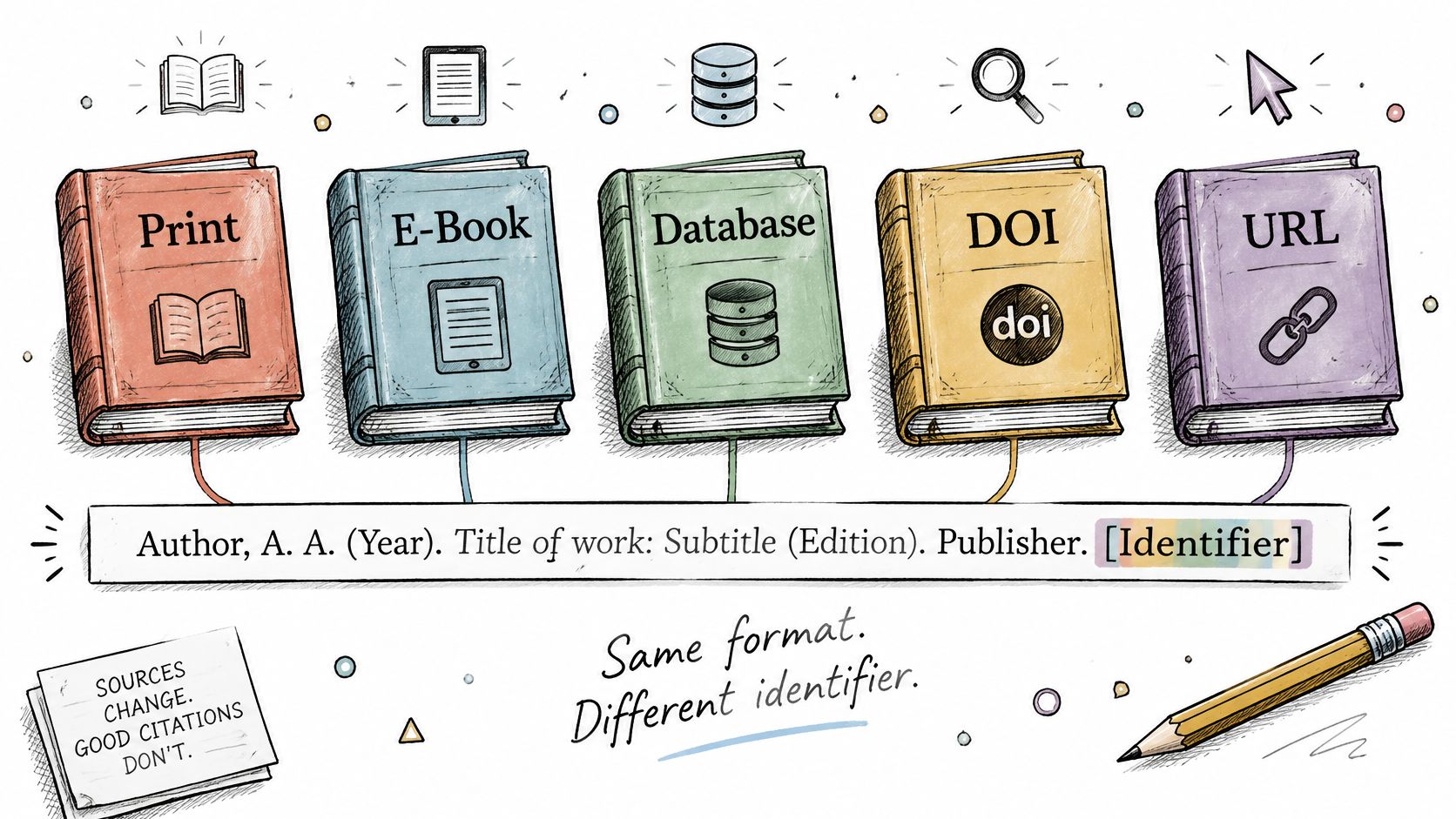 An educational infographic showing how to cite different source types using a consistent APA citation format.