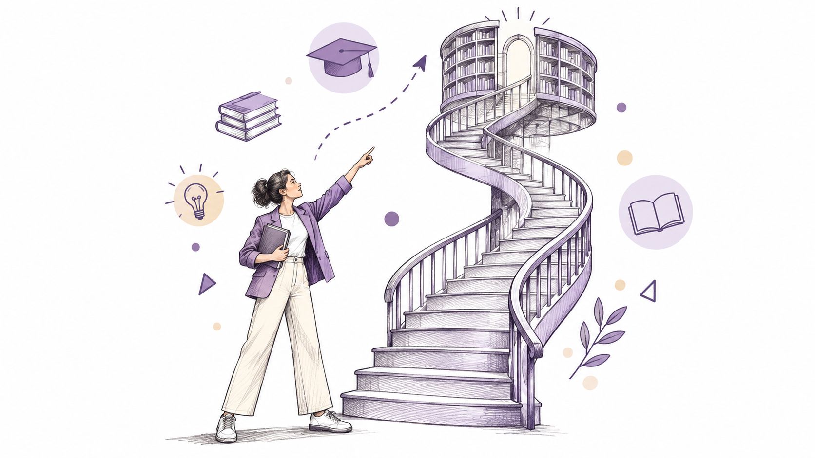A professional woman pointing toward a spiral staircase leading to a library, symbolizing educational growth and knowledge.