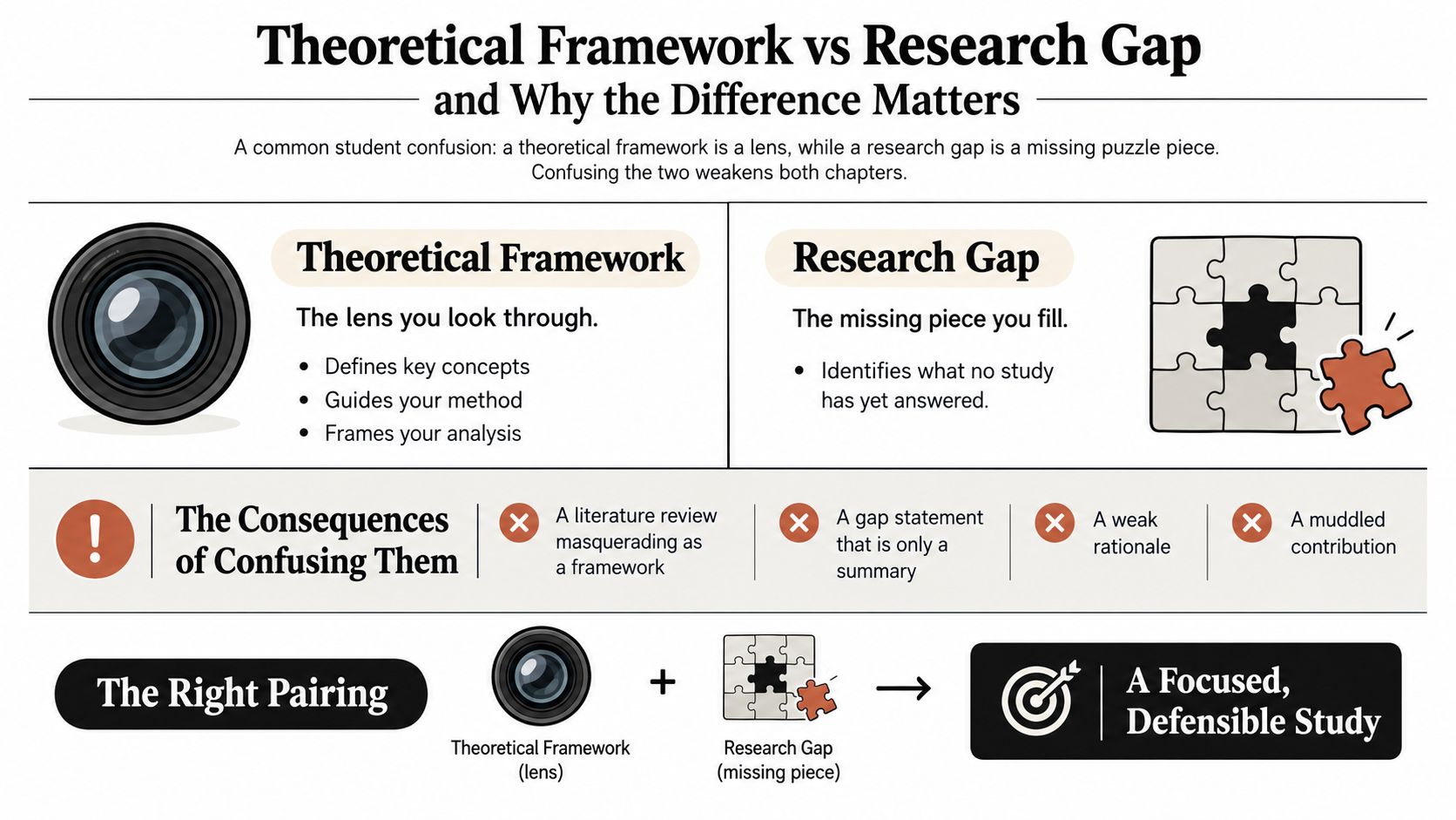 An infographic illustrating the difference between a theoretical framework as a lens and a research gap.