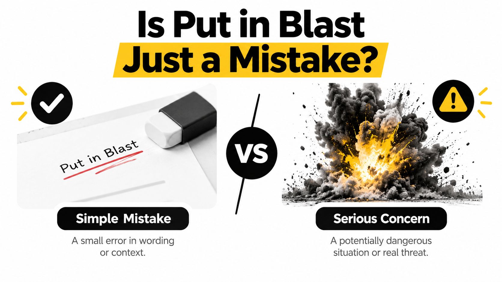 A comparative graphic showing a grammar correction for the phrase Put in Blast versus an explosion.