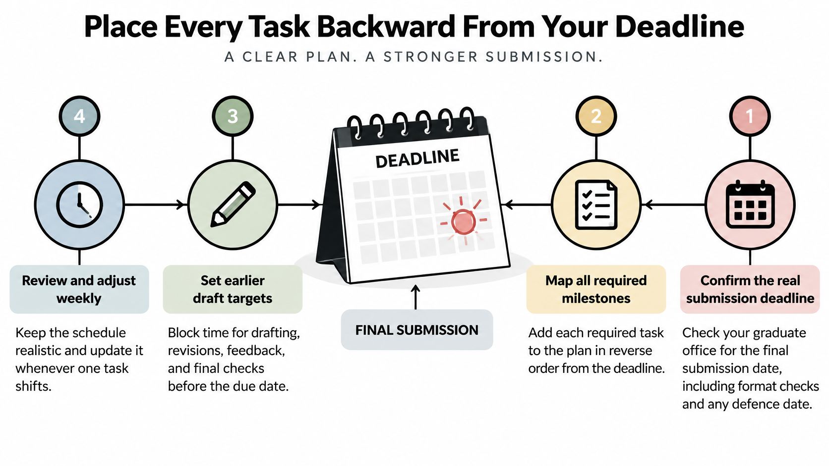A four-step visual guide showing how to plan a research project backward from a final deadline.
