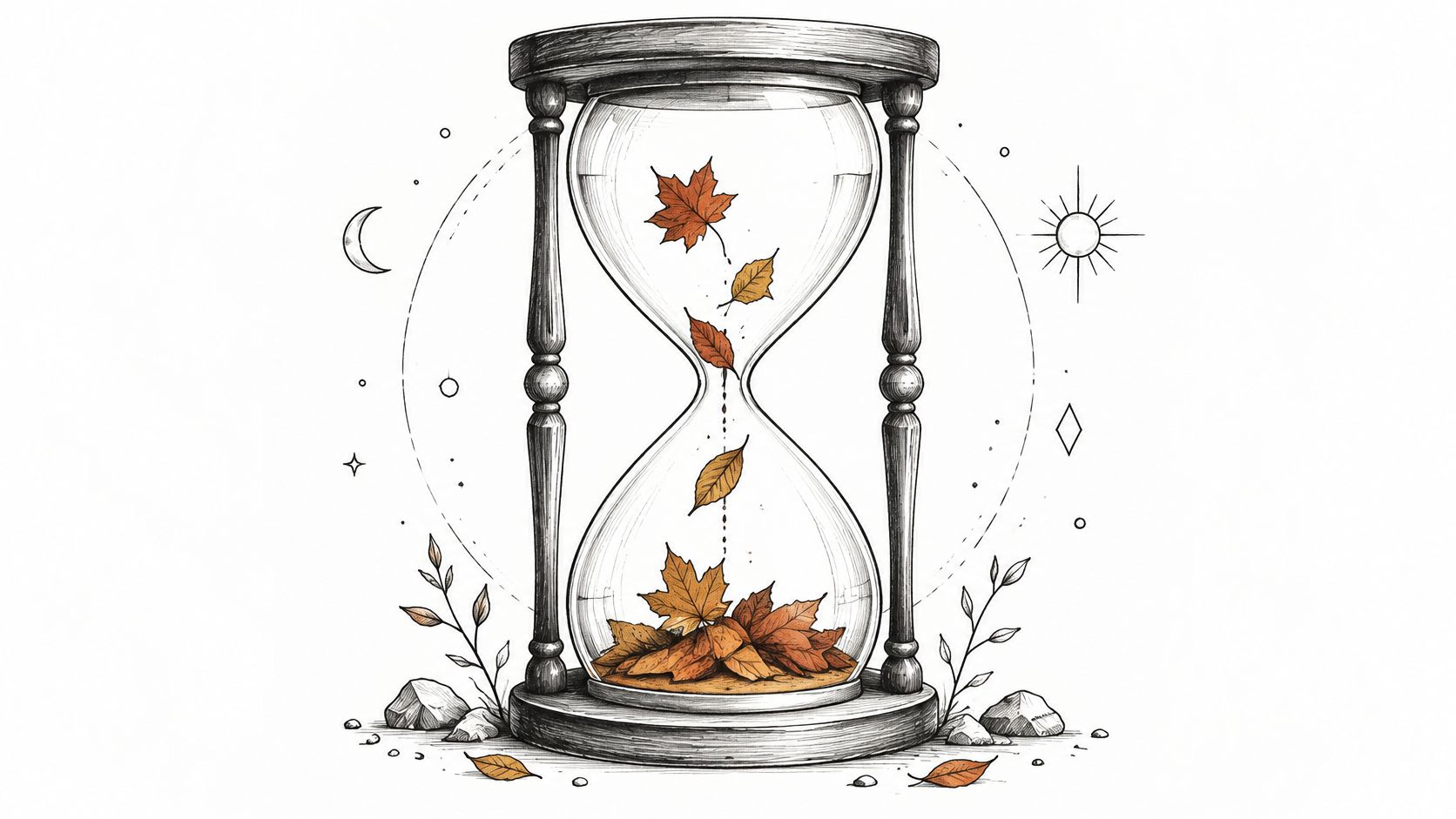 A detailed line drawing of an hourglass containing falling autumn leaves, surrounded by celestial symbols and rocks.