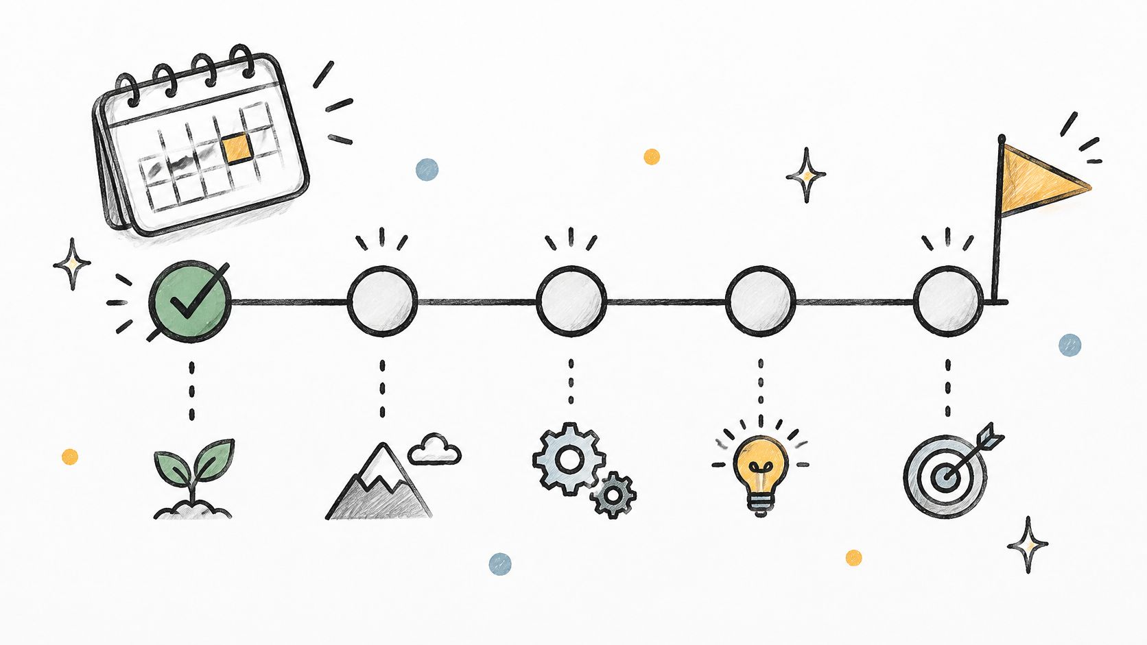 A hand-drawn timeline illustration with a calendar and five icons representing project stages toward a goal.