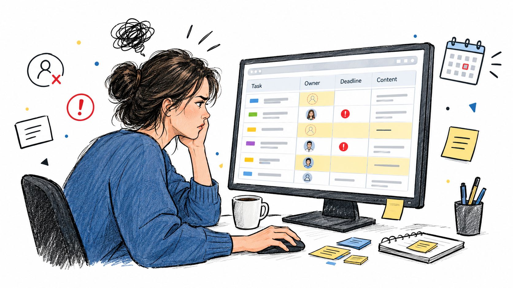 A stressed woman sitting at her desk, looking at a digital task manager on her computer screen.