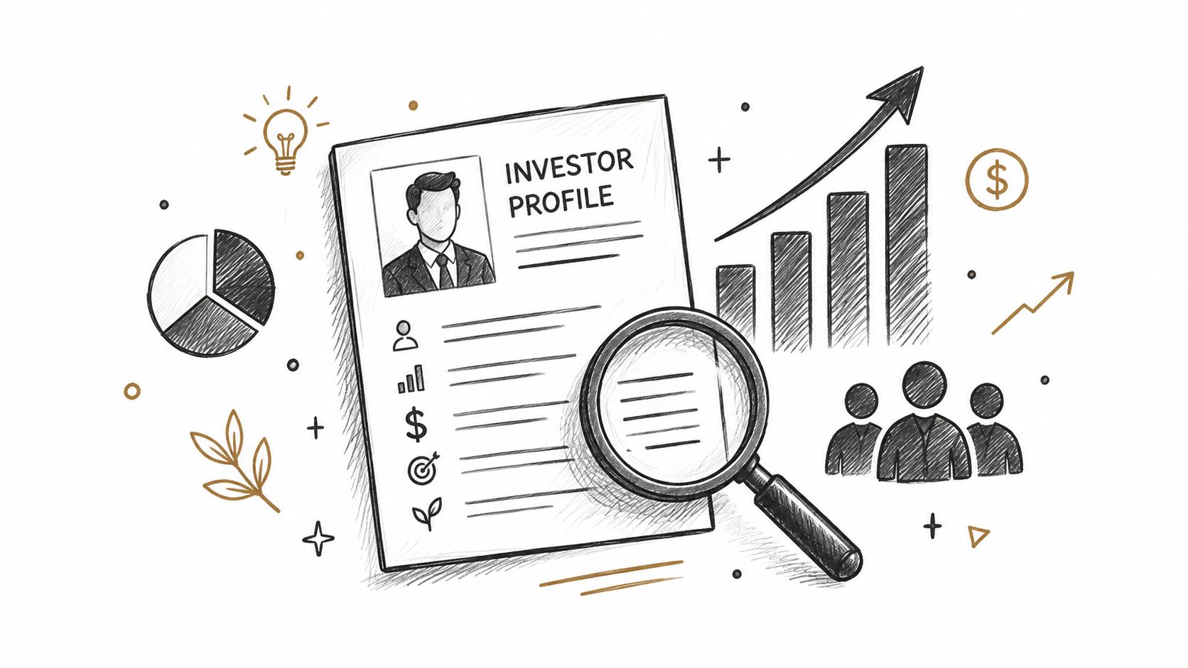 A hand-drawn illustration depicting an investor profile document being examined under a magnifying glass with business icons.