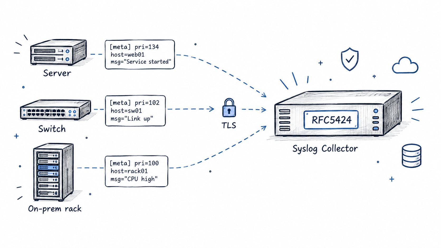 A hand-drawn illustration showing servers, switches, and racks sending secure syslog data to a central collector.