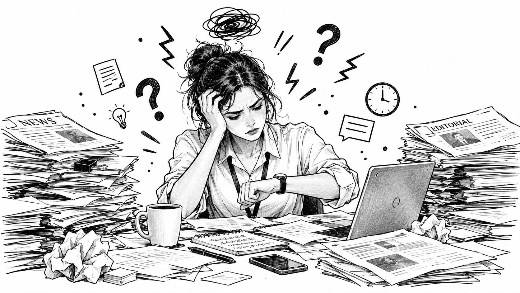 A stressed female employee looking at her watch surrounded by massive stacks of paper and documents.