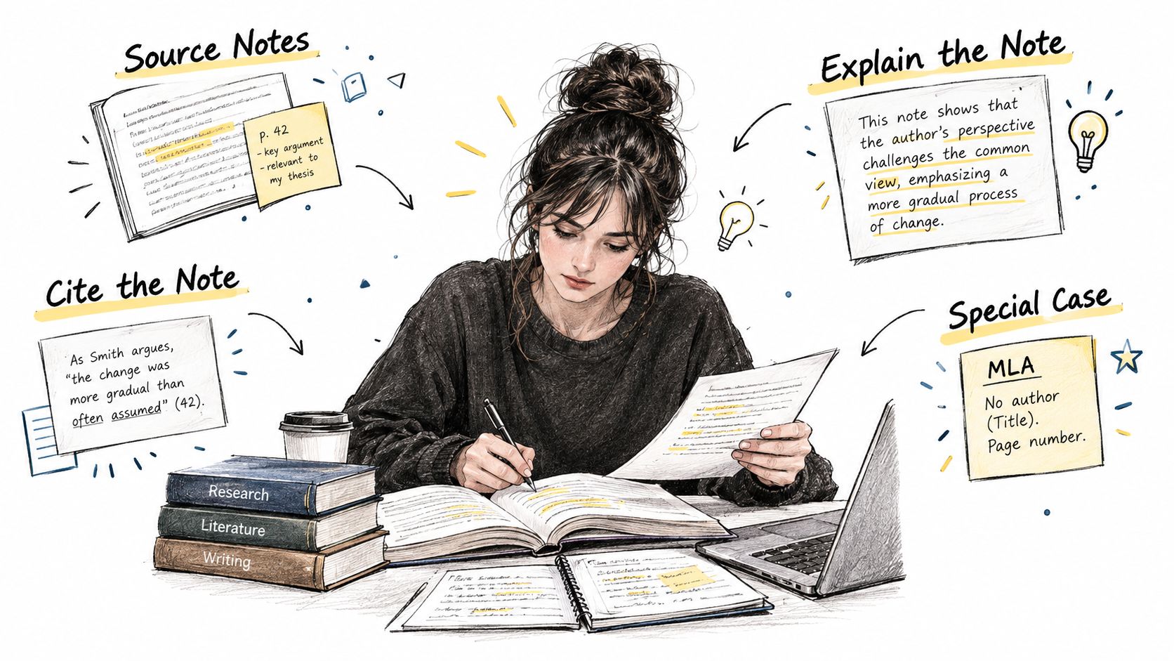 An illustration of a student taking notes with sections explaining how to cite sources and explain research notes.