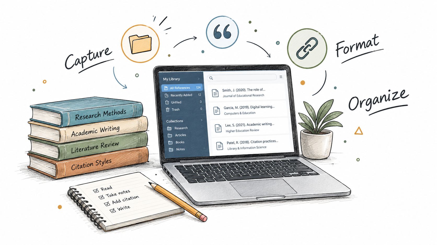 A digital illustration showing research workflow steps including capture, organize, and format for academic writing projects.