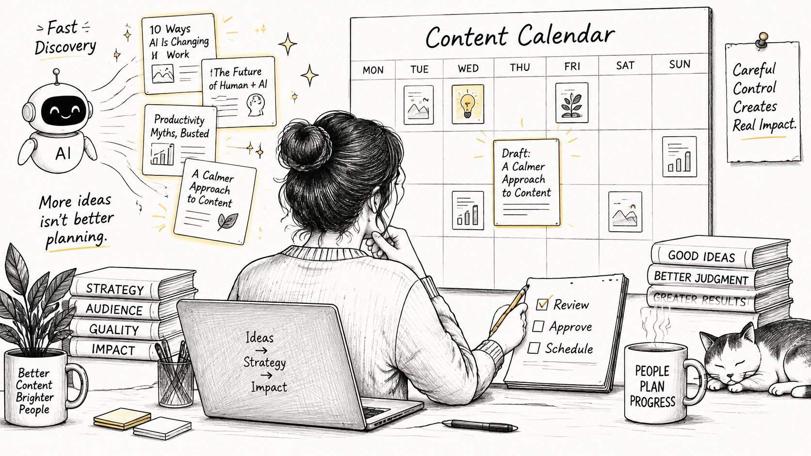 A woman working at a desk, using a content calendar to organize her creative planning process.