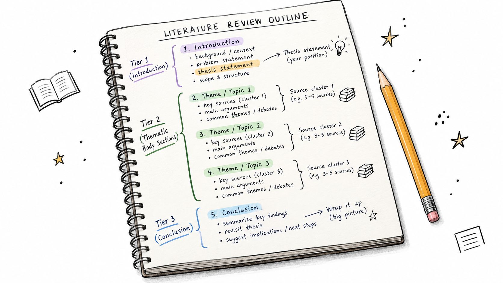A hand-drawn notebook page outlining the structure of a literature review with introduction, body themes, and conclusion.