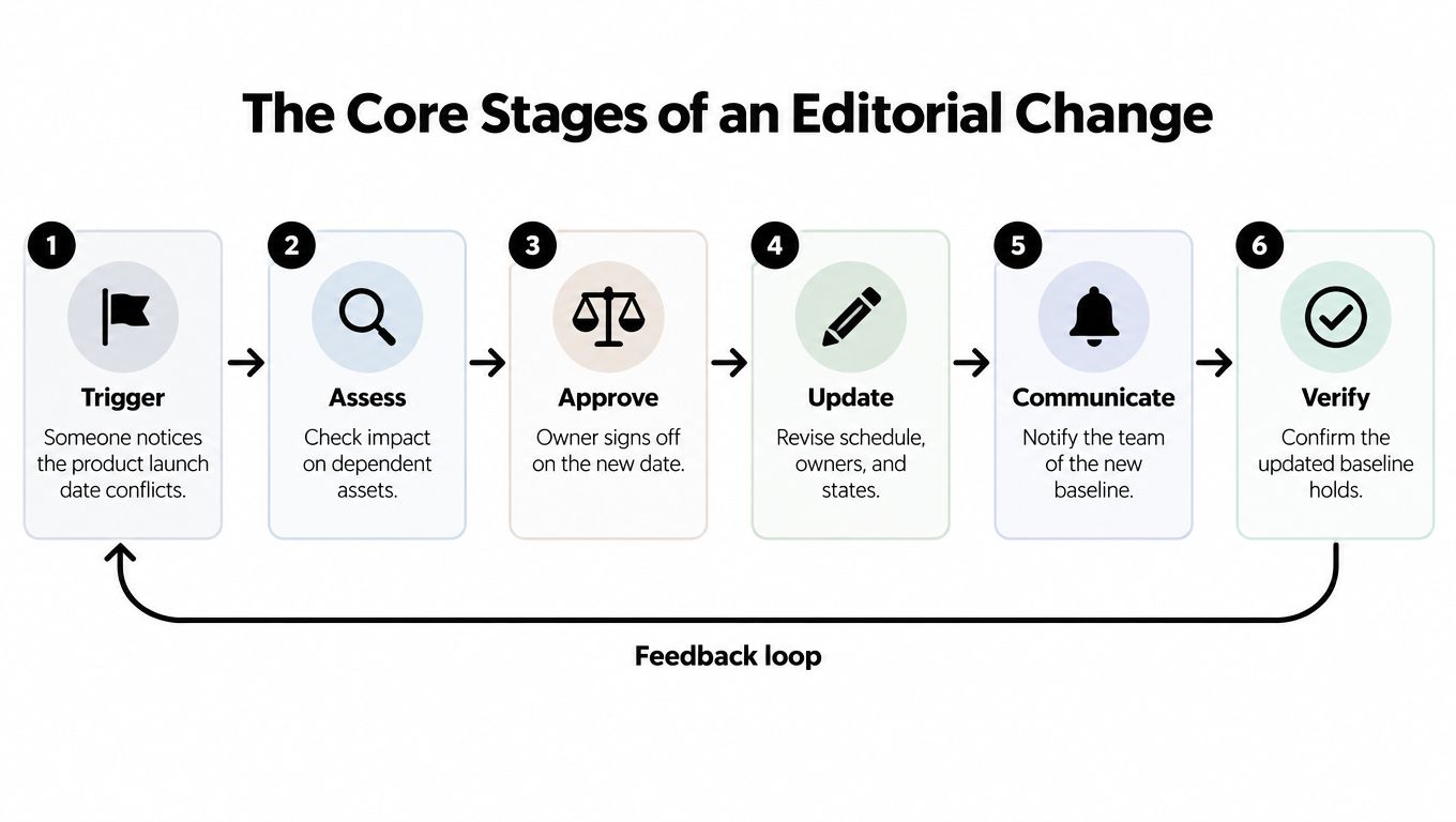 A six-stage flowchart illustrating the core process of managing an editorial change from trigger to verification.