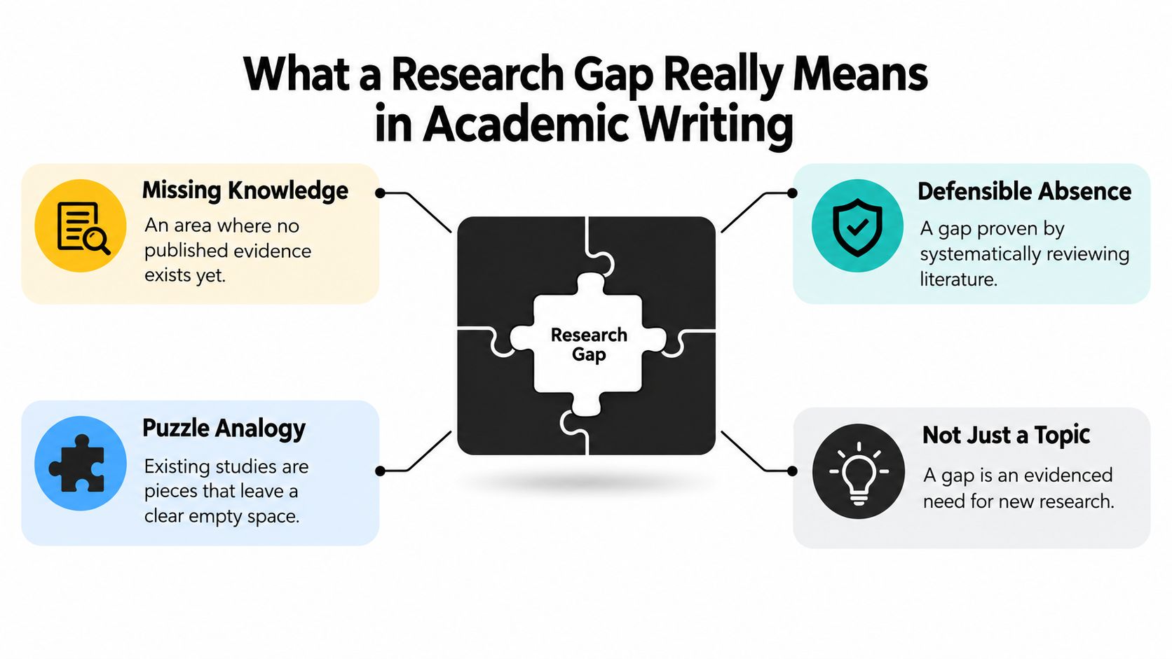 A diagram explaining the concept of a research gap in academic writing using a puzzle analogy.